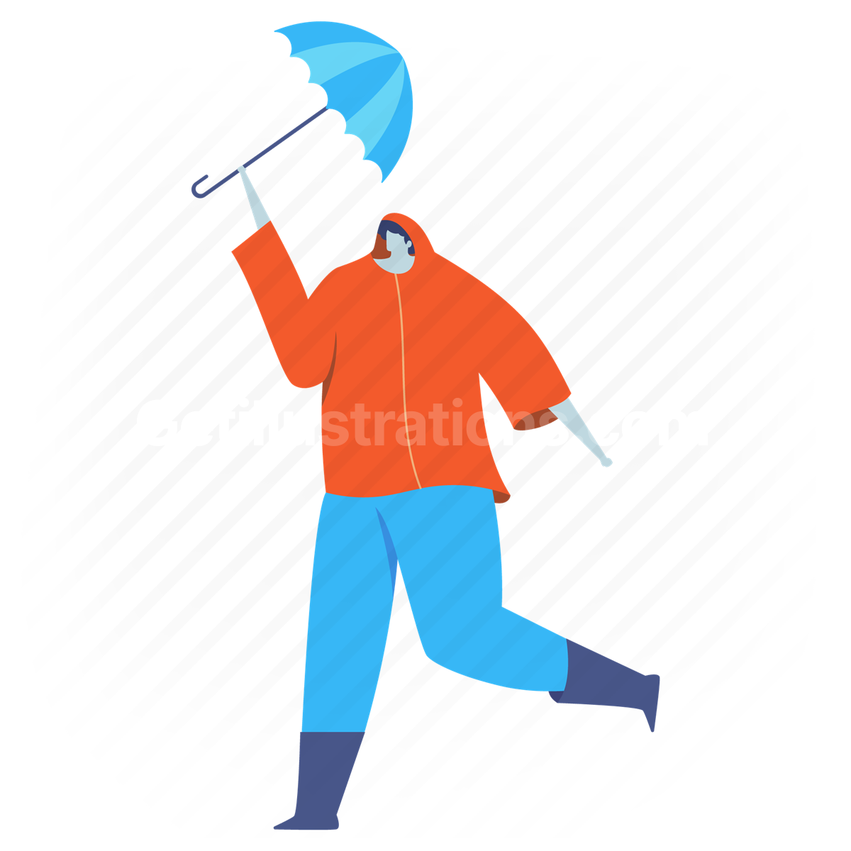 umbrella, jacket, boots, clothes, clothing, man, people, person, rain, raining